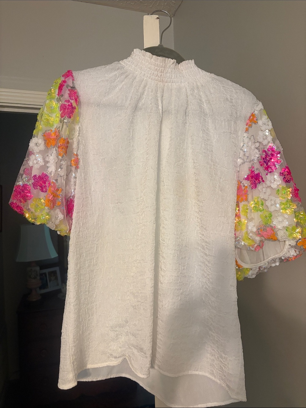 White Women's Textured Blouse with Neon Floral Sequin Sleeves